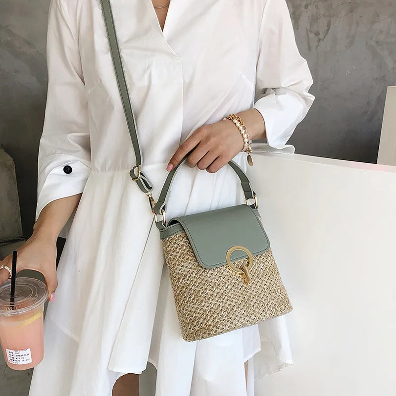 Strand Dame Reise Geldbörsen und Handtaschen Casual Ketten Stroh Eimer Taschen Frauen Sommer Umhängetasche Rattan Taschen Schulter Tasche Bolsa