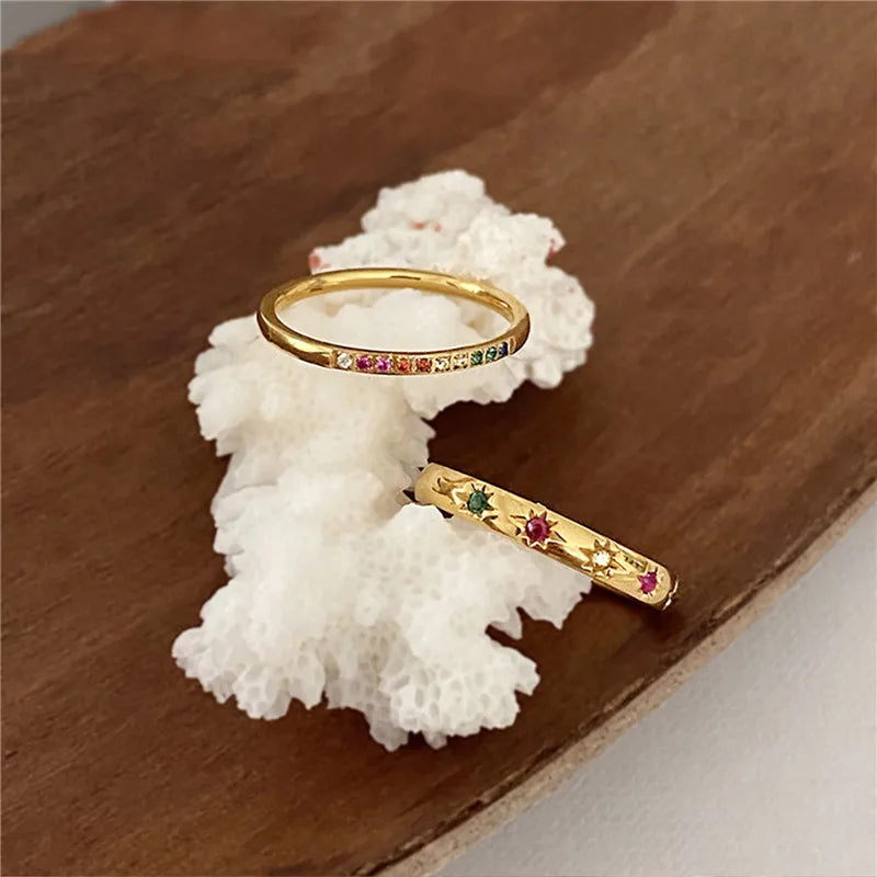 2 Teile/satz Edelstahl Regenbogen Farbe Kubikzircon Stein Finger Ringe für Frauen INS Gold Farbe Wasserdicht Sterne Ring Schmuck
