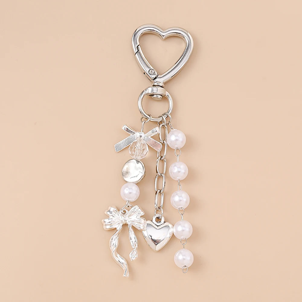 Süße Schleife Liebe Herz Schlüsselanhänger Kristall Perle Schlüsselanhänger Anhänger für Frauen Mädchen Handtasche Dekor DIY handgemachte Schlüsselanhänger Geschenke