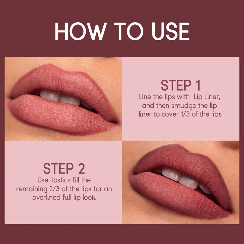 USHAS 12-Farben-Lipliner + Lippenstift-Set, leicht färbender, mattierter Lippenstift, langlebiger nackroter Lippenstift