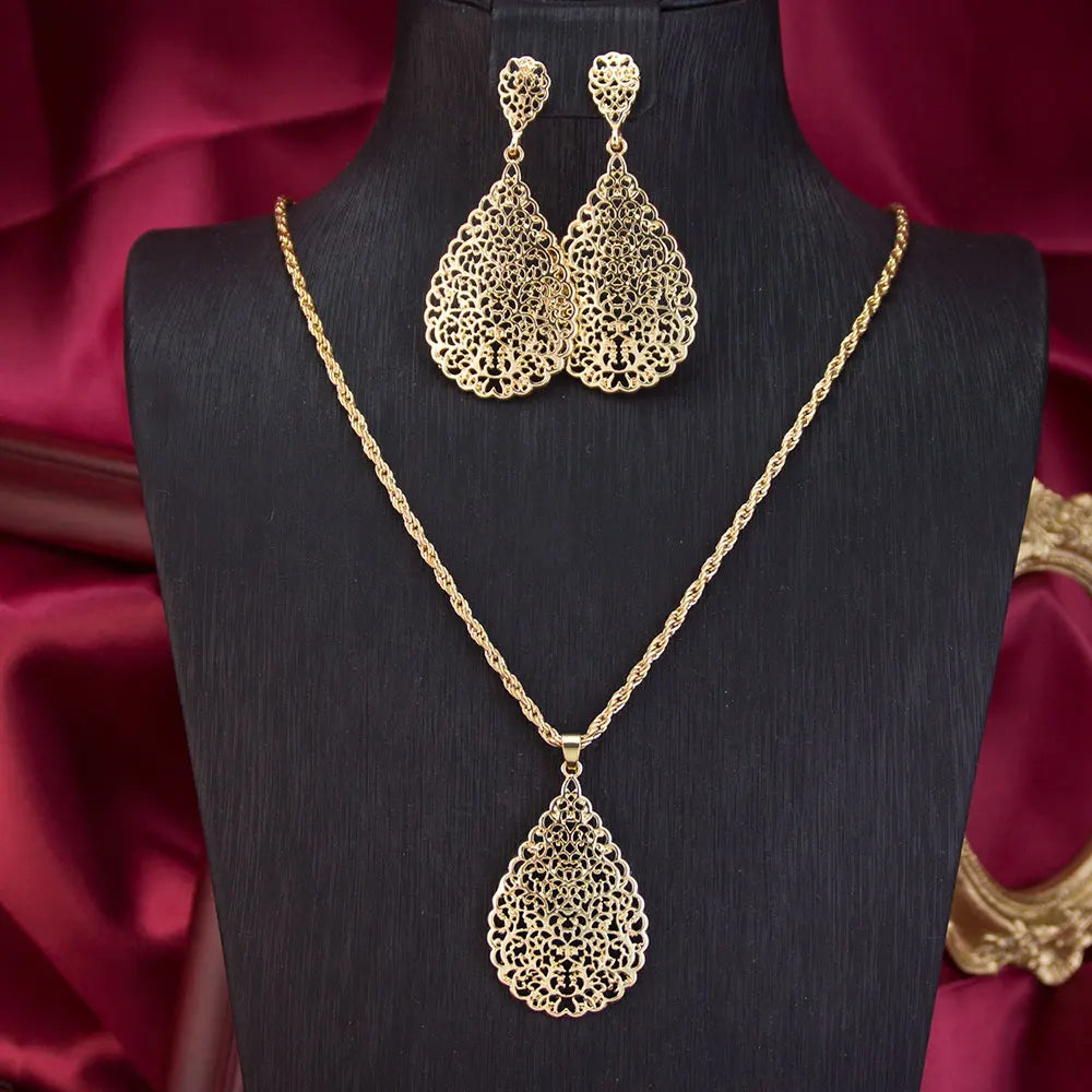 Sunspicems Goldfarbenes Arabisches Damen-Schmuckset Hohle Tropfenförmige Ohrringe Anhänger Halskette Marokkanischer Brautschmuck Strand-Schmuck