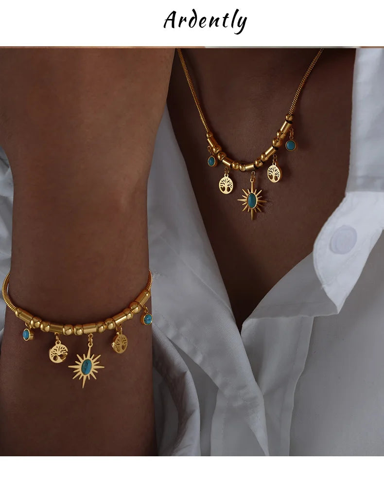 Mode Edelstahl vergoldet Armband Halskette Set Frau 2-teilig Luxus Braut Hochzeit Schmuck Zubehör