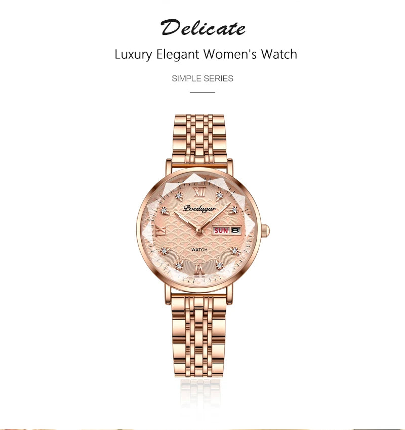 POEDAGAR Frauen Uhr Neue Mode Luxus Edelstahl Armbanduhr Armband Einfache Rose Gold Wasserdicht Leucht Damen Uhren
