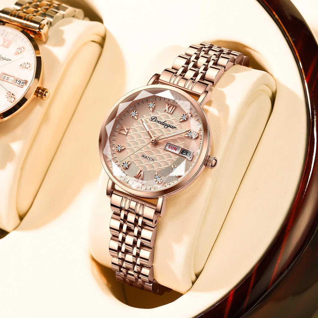 POEDAGAR Frauen Uhr Neue Mode Luxus Edelstahl Armbanduhr Armband Einfache Rose Gold Wasserdicht Leucht Damen Uhren