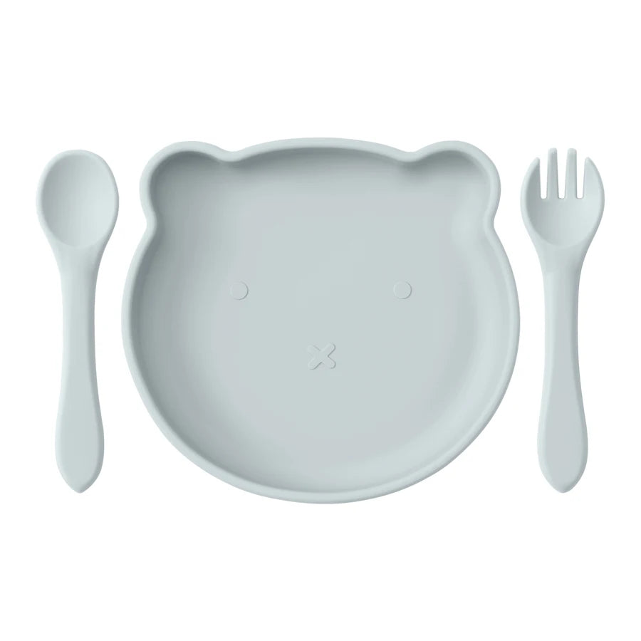Silikon Kinder Geschirr Set | Teller, Löffel & Gabel | Cartoon Bär