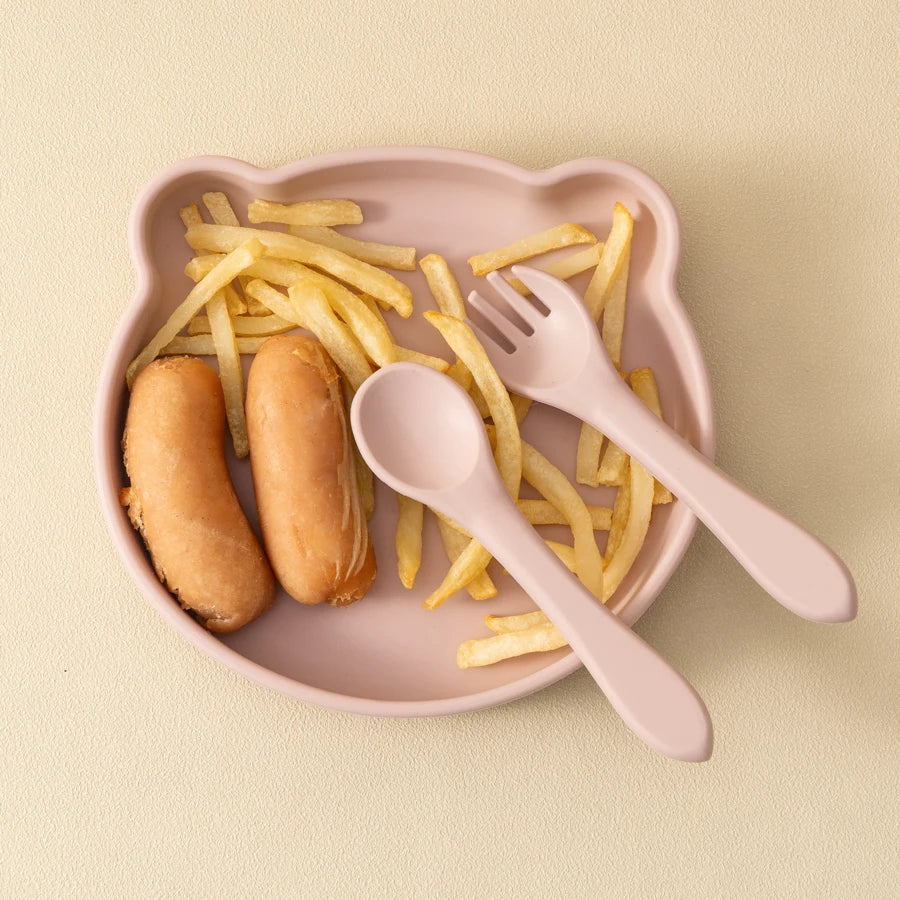 Silikon Kinder Geschirr Set | Teller, Löffel & Gabel | Cartoon Bär