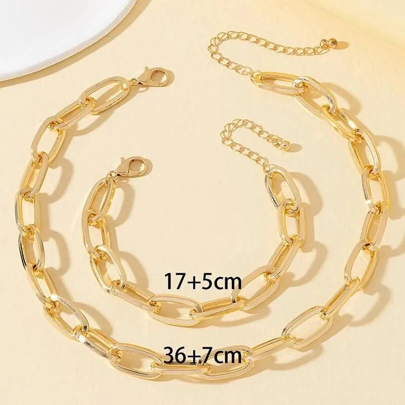 2-teiliges Set Goldfarbene Gliederkette Halskette Armband Set Punk-Armband Große Gliederkette Dubai Afrika Party Schmuckset Geschenk für Frauen