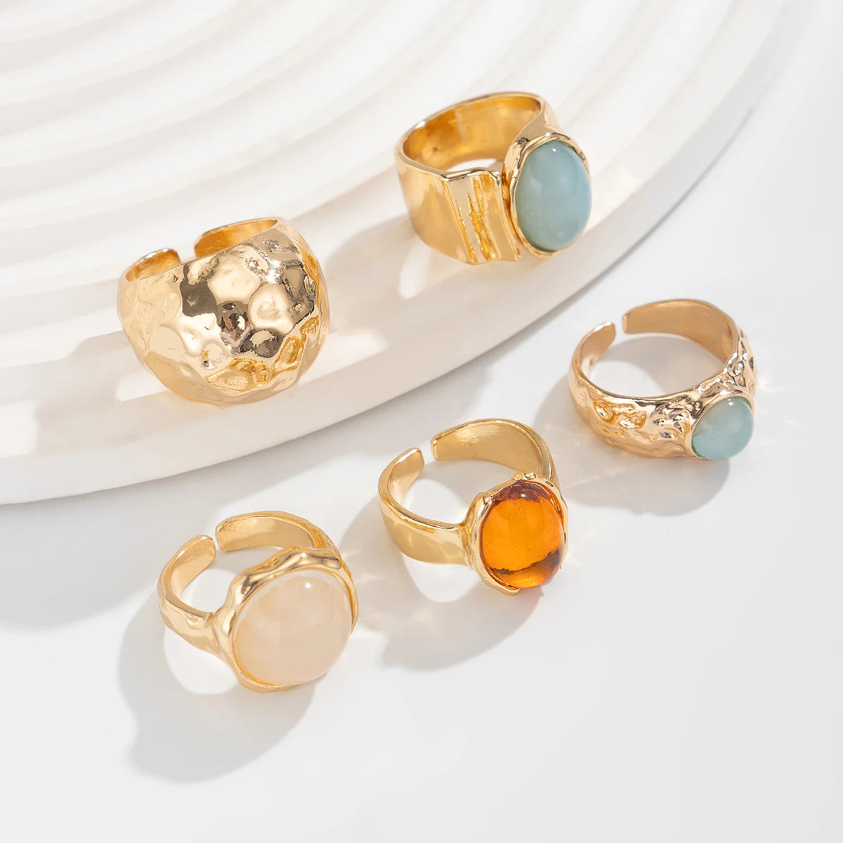Vintage Boho Ring-Set (5-teilig) – Offene Metallringe mit Acryl