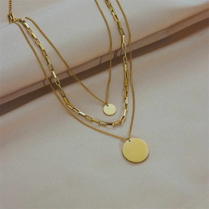 DIEYURO 316L Edelstahl Gold Farbe 3in1 Runde Anhänger Halskette Für Frauen Mode Mädchen Multilayer Kette Hals Schmuck Geschenk