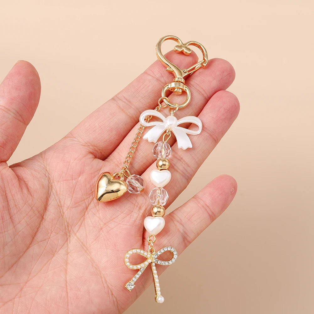 Süße Schleife Liebe Herz Schlüsselanhänger Kristall Perle Schlüsselanhänger Anhänger für Frauen Mädchen Handtasche Dekor DIY handgemachte Schlüsselanhänger Geschenke