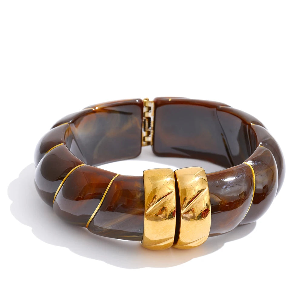 Yhpup Exklusives mehrfarbiges Acrylharz, breites Statement-Armband, Armreif, Edelstahl, Herbst-Winter-Pullover, Handgelenkschmuck