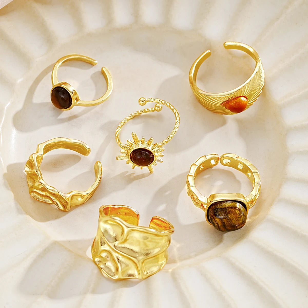 6 Teile/satz Vintage Sonne Blume Tigerauge Stein Ringe für Frauen Unregelmäßige Gold Farbe Ästhetischen Offene Ringe Mode Schmuck Geschenke 2025