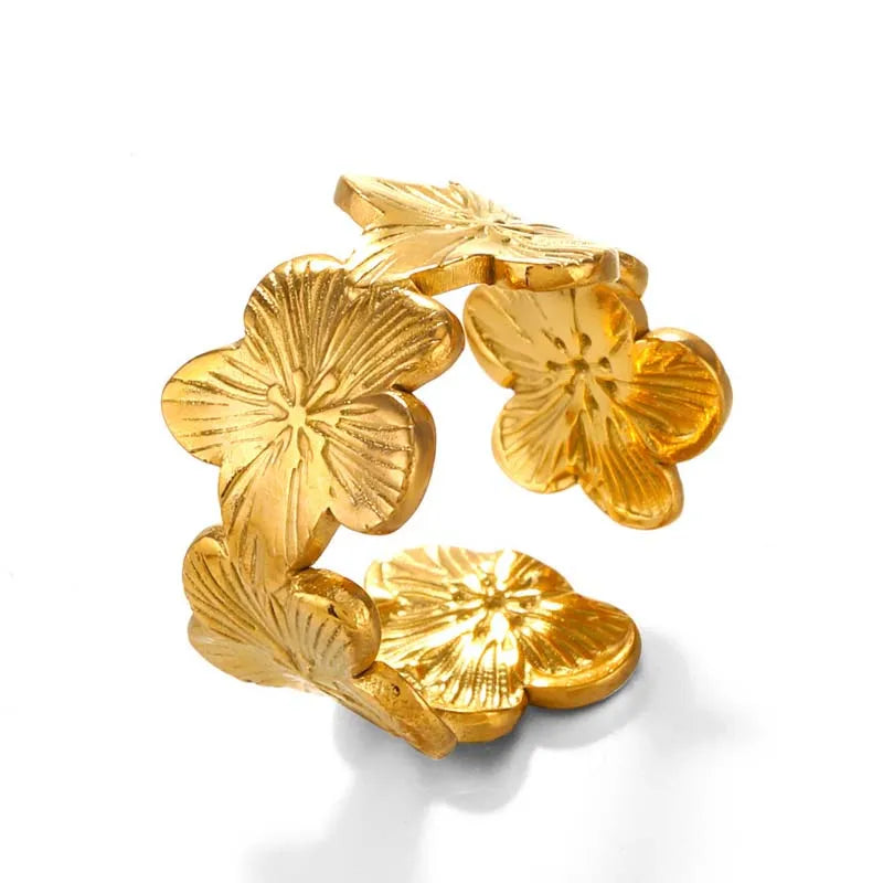 Elegante Edelstahl-Ringe mit großer Blüte für Frauen, 18 Karat Gold, PVD-beschichtet, offener Ring, Fingerschmuck, Hochzeit, ihr Geschenk, Punk