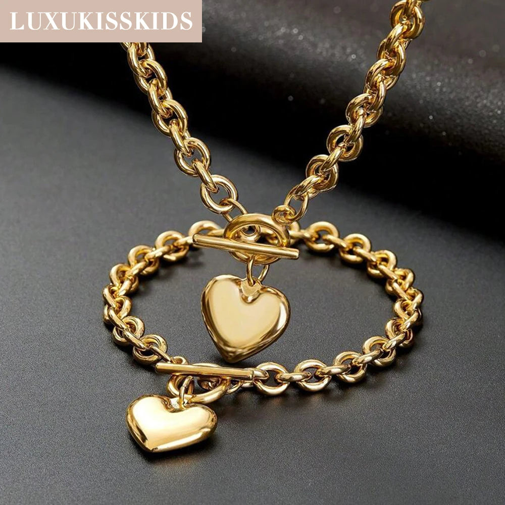 LUXUKISSKIDS Mode Kubische Liebe Herz Minimalistischen Schmuck Set Halskette Ohrringe Armbänder Edelstahl Frauen/Mädchen Zubehör