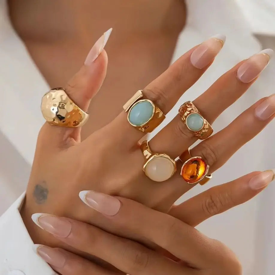 Ingemark 5 Teile/satz Retro Gold Farbe Unregelmäßigen Metall Ring für Frauen Böhmischen Offenen Einstellbar Breiten Ring Ästhetischen Y2K Schmuck Geschenk