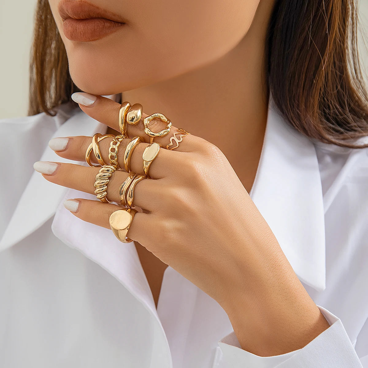Salircon 10 Stück Bohemian Unregelmäßiger geometrischer Metallring Vintage Offener verstellbarer breiter Ring Damen Ästhetischer Bankettschmuck Geschenk