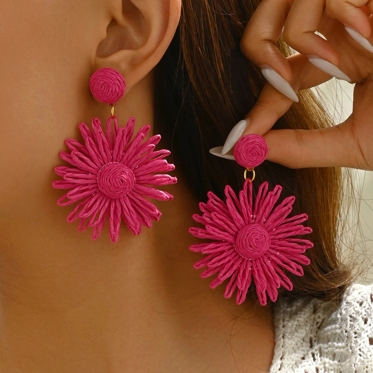 Bunte Sonnenblumen-Ohrringe für Frauen und Mädchen, handgefertigt, böhmische Rattan-Strickohrringe, Sommer-Party-Schmuck, Geschenke