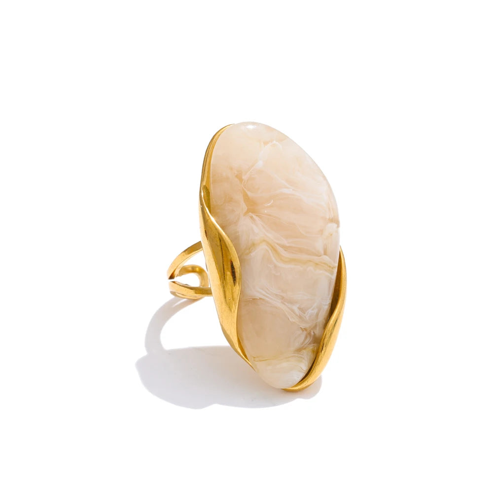 Yhpup Neues Design Braun Grün Beige Harz Geometrisch Verstellbarer Ring Golden PVD Edelstahl Rostfrei Fingerschmuck Geschenk