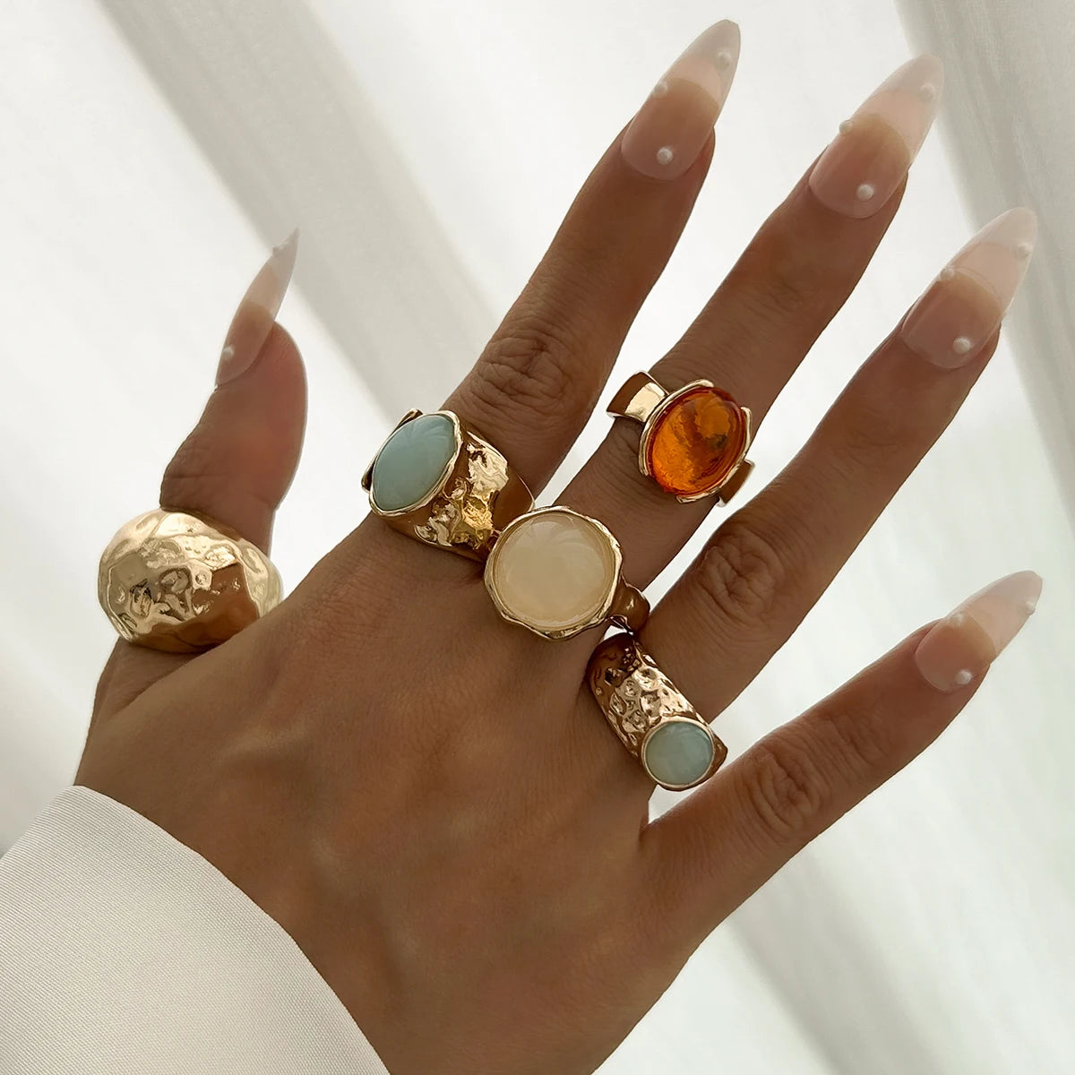 Vintage Boho Ring-Set (5-teilig) – Offene Metallringe mit Acryl
