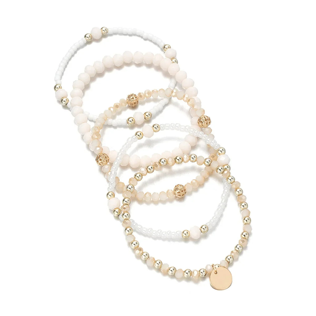 5Pcs Mode Harz Perlen Armband Set Für Frauen Runde Stück Charme Elastische Perle Kette Armreif Handgelenk Strap Weibliche Urlaub schmuck