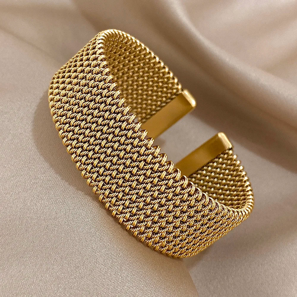 Vintage-Webart, goldene Manschettenarmbänder für Frauen, elegant, trendig, Edelstahl, klobiges Armband, Armreif, wasserdicht, Schmuck, Geschenke