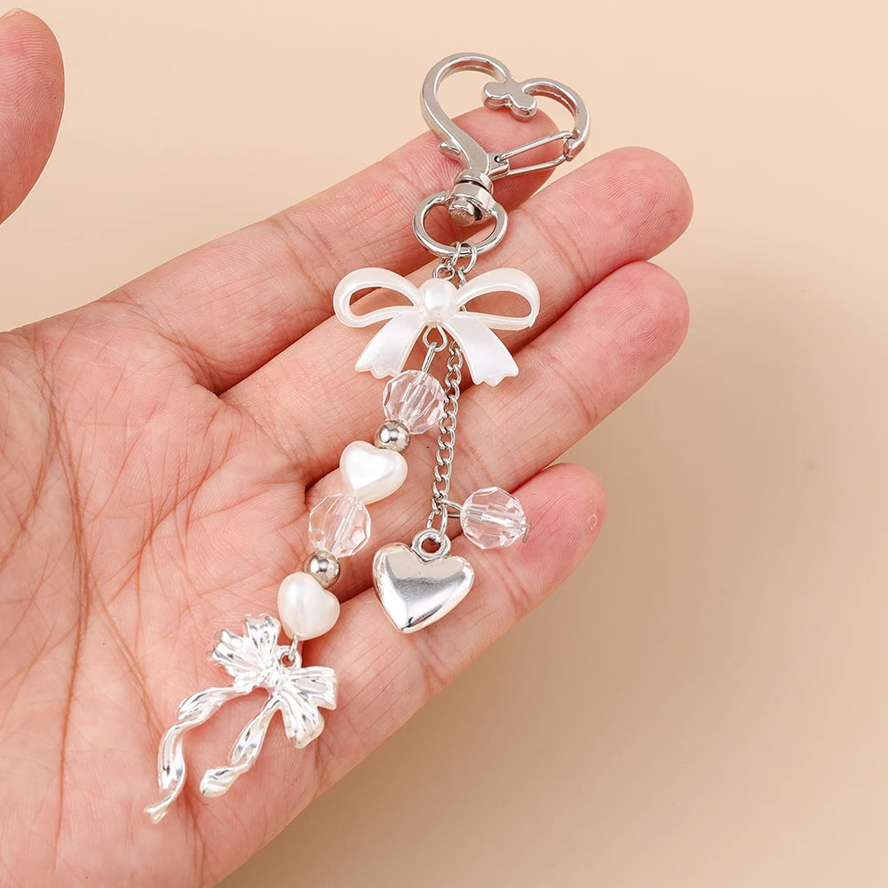 Süße Schleife Liebe Herz Schlüsselanhänger Kristall Perle Schlüsselanhänger Anhänger für Frauen Mädchen Handtasche Dekor DIY handgemachte Schlüsselanhänger Geschenke
