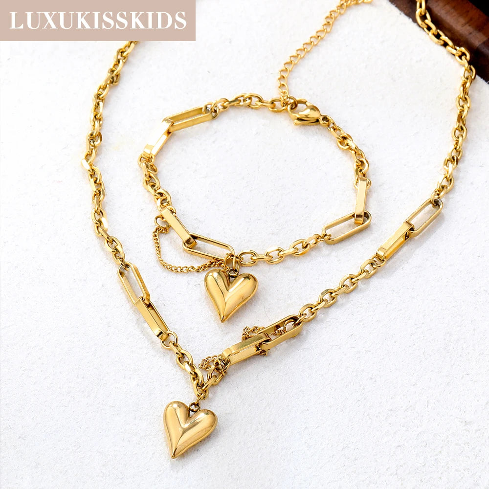 LUXUKISSKIDS Mode Kubische Liebe Herz Minimalistischen Schmuck Set Halskette Ohrringe Armbänder Edelstahl Frauen/Mädchen Zubehör