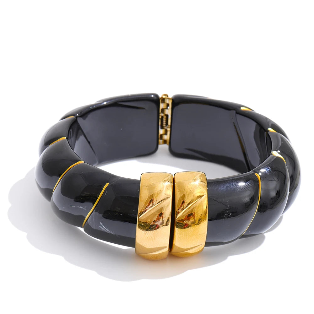 Yhpup Exklusives mehrfarbiges Acrylharz, breites Statement-Armband, Armreif, Edelstahl, Herbst-Winter-Pullover, Handgelenkschmuck