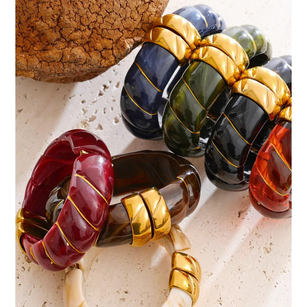 Yhpup Exklusives mehrfarbiges Acrylharz, breites Statement-Armband, Armreif, Edelstahl, Herbst-Winter-Pullover, Handgelenkschmuck