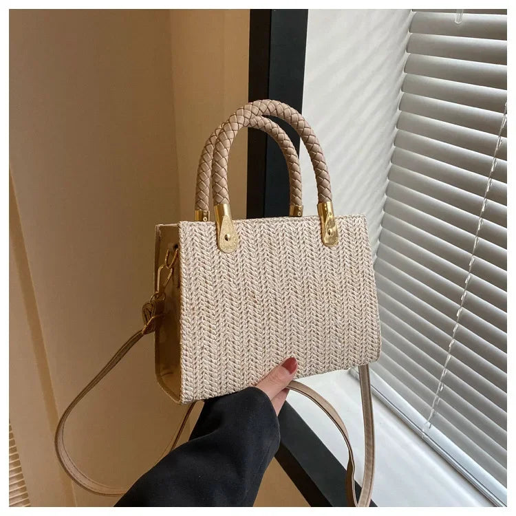 Modische, minimalistische, gewebte Handtasche, einfarbige Umhängetasche aus Strohgeflecht, vielseitige, lässige kleine quadratische Tasche