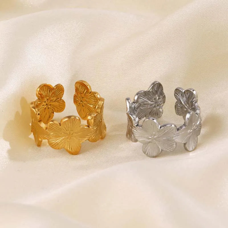 Elegante Edelstahl-Ringe mit großer Blüte für Frauen, 18 Karat Gold, PVD-beschichtet, offener Ring, Fingerschmuck, Hochzeit, ihr Geschenk, Punk