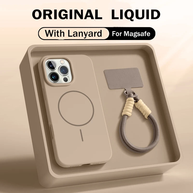 Offizielle Flüssigsilikon-Lanyard-Schutzhülle für iPhone 17, Air 16, 16E, 14, 15 Plus 12, 13, 11 Pro Max, für Magsafe Magneitc Soft Cover