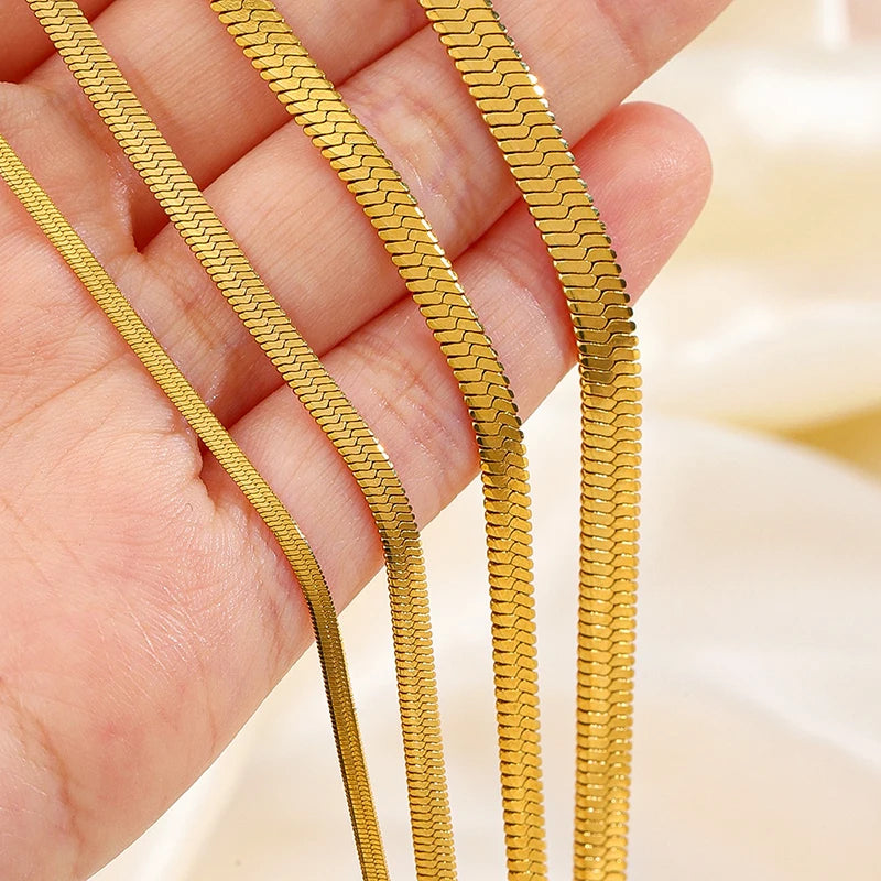 Heiße klassische Unisex flache Schlangenkette Halsband Halskette für Frauen Edelstahl Fischgrätenmuster Gold Silber Farbe Modeschmuck Geschenk