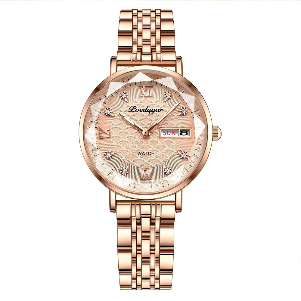 POEDAGAR Frauen Uhr Neue Mode Luxus Edelstahl Armbanduhr Armband Einfache Rose Gold Wasserdicht Leucht Damen Uhren