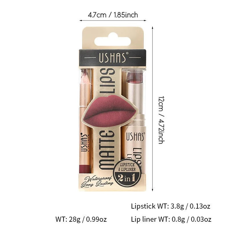 USHAS 12-Farben-Lipliner + Lippenstift-Set, leicht färbender, mattierter Lippenstift, langlebiger nackroter Lippenstift