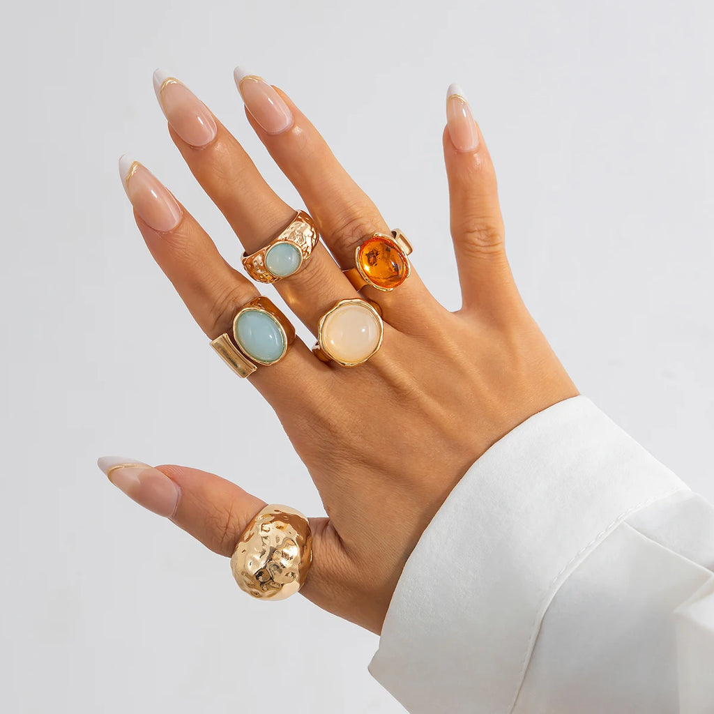 Ingemark 5 Teile/satz Retro Gold Farbe Unregelmäßigen Metall Ring für Frauen Böhmischen Offenen Einstellbar Breiten Ring Ästhetischen Y2K Schmuck Geschenk