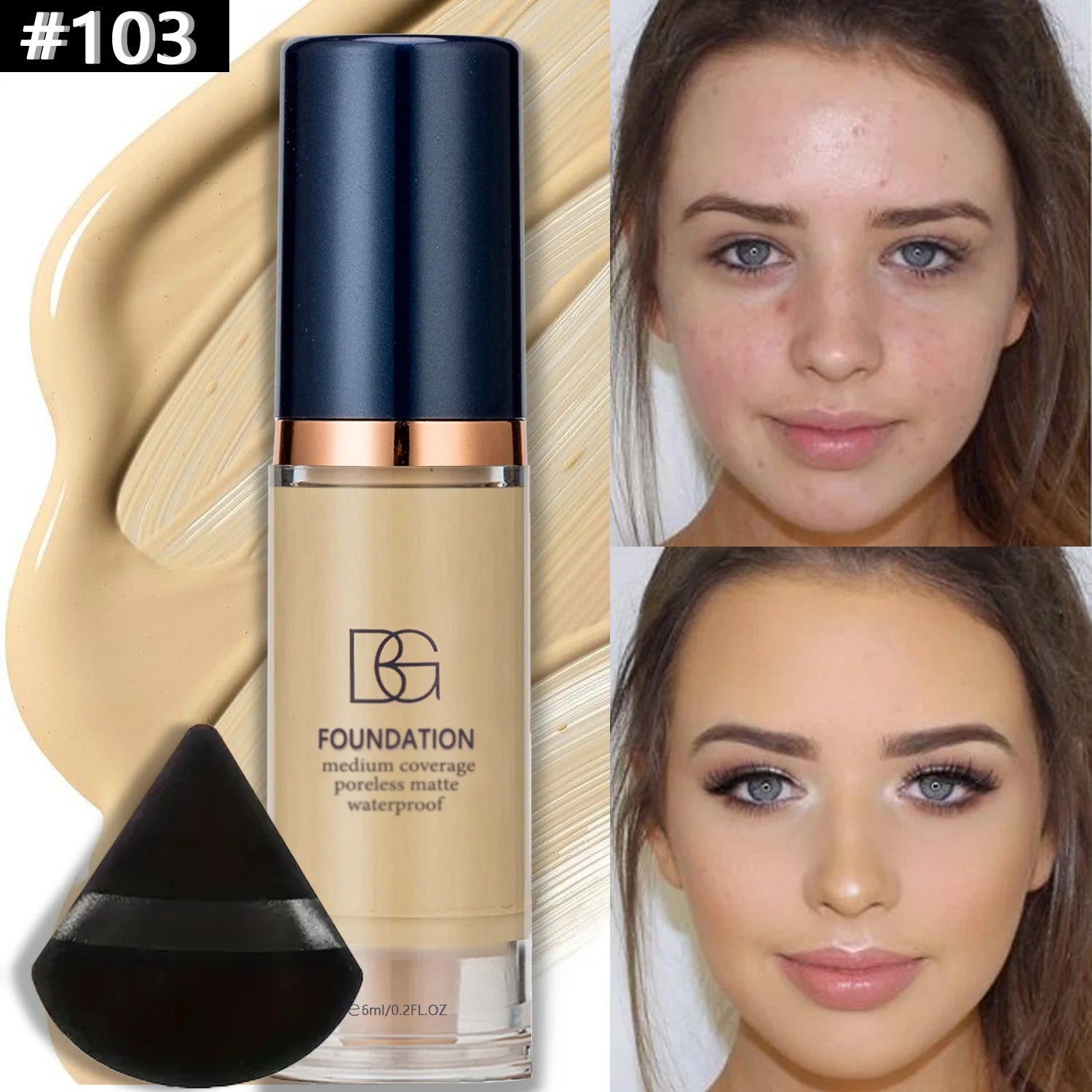 2 Stück wasserdichte flüssige Foundation mit vollständiger Abdeckung und schwarzer dreieckiger Puderquaste, langlebig, mattes Finish, dunkler Kreis und Blemish-Abdeckung