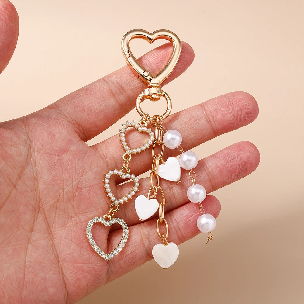 Süße Schleife Liebe Herz Schlüsselanhänger Kristall Perle Schlüsselanhänger Anhänger für Frauen Mädchen Handtasche Dekor DIY handgemachte Schlüsselanhänger Geschenke