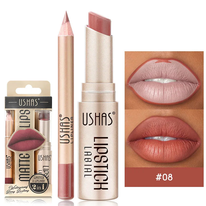 USHAS 12-Farben-Lipliner + Lippenstift-Set, leicht färbender, mattierter Lippenstift, langlebiger nackroter Lippenstift