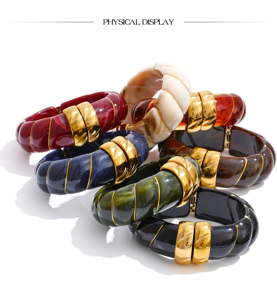 Yhpup Exklusives mehrfarbiges Acrylharz, breites Statement-Armband, Armreif, Edelstahl, Herbst-Winter-Pullover, Handgelenkschmuck