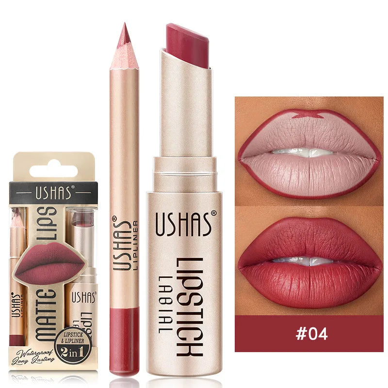 USHAS 12-Farben-Lipliner + Lippenstift-Set, leicht färbender, mattierter Lippenstift, langlebiger nackroter Lippenstift