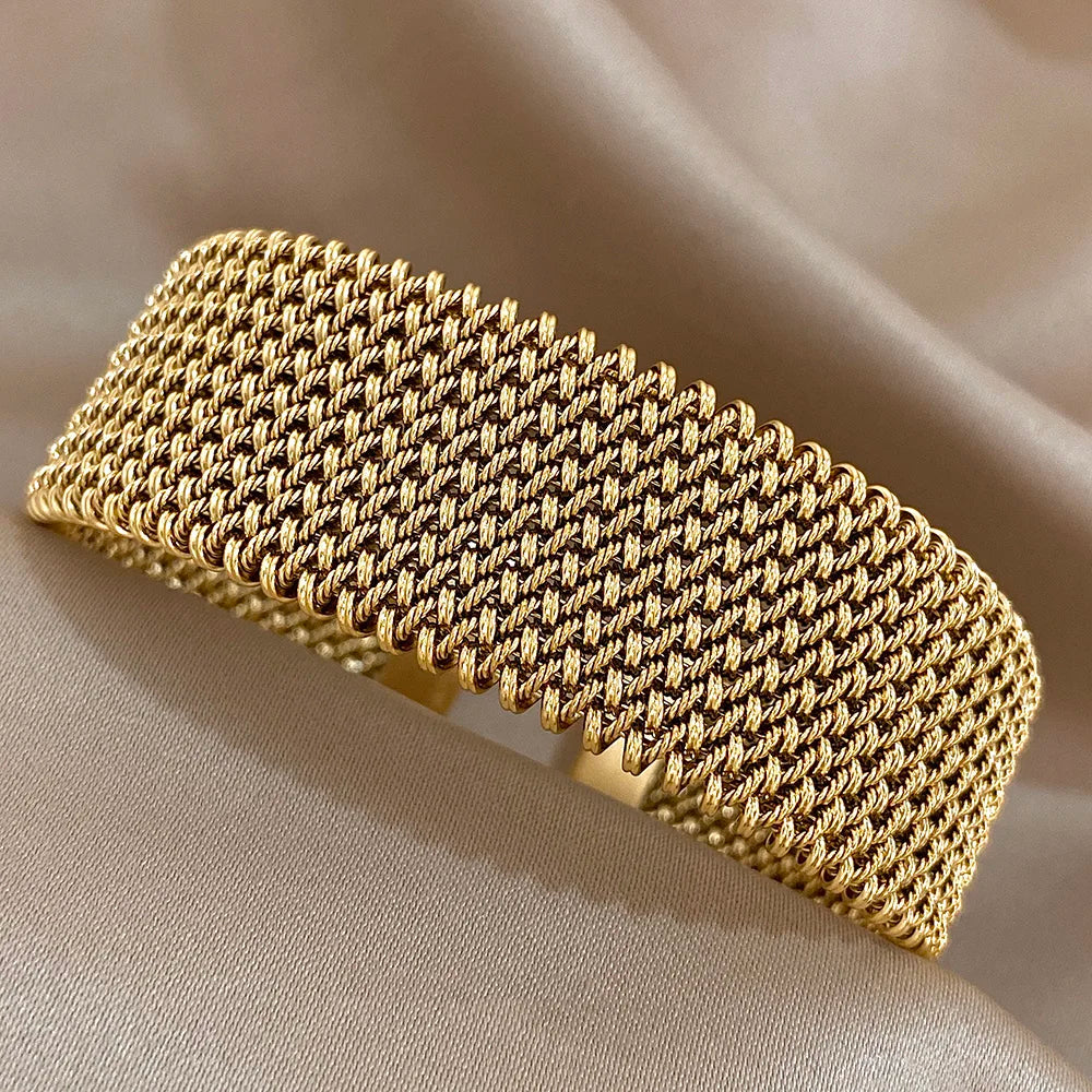 Vintage-Webart, goldene Manschettenarmbänder für Frauen, elegant, trendig, Edelstahl, klobiges Armband, Armreif, wasserdicht, Schmuck, Geschenke