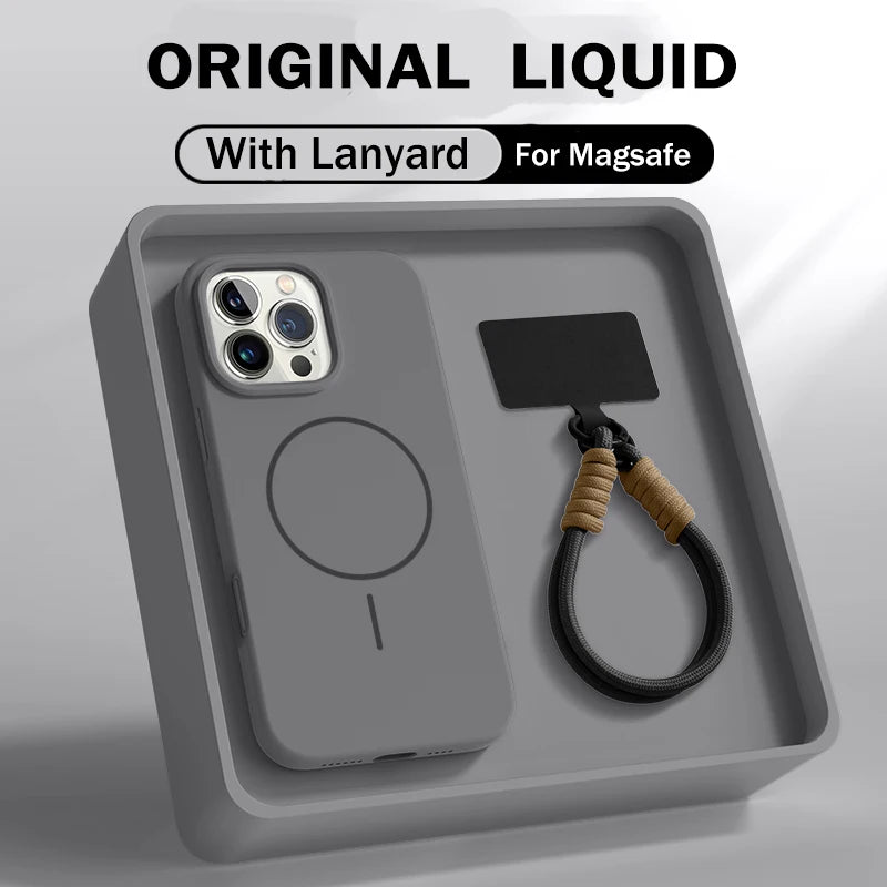 Offizielle Flüssigsilikon-Lanyard-Schutzhülle für iPhone 17, Air 16, 16E, 14, 15 Plus 12, 13, 11 Pro Max, für Magsafe Magneitc Soft Cover