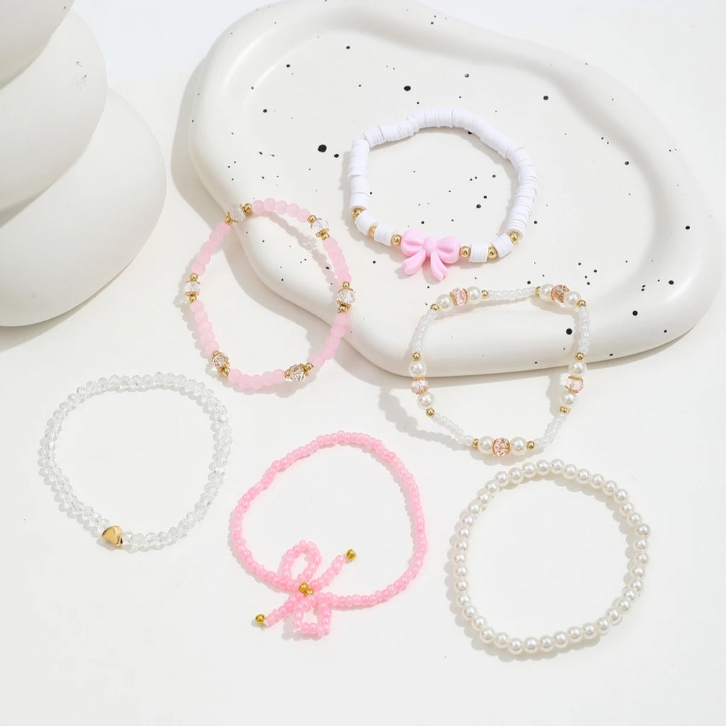6 Teile/satz Europäischen und Amerikanischen Nette Perle Liebe Perlen Bogen Armbänder Set Für Frauen Einfache Design Süße Schmuck Geschenke