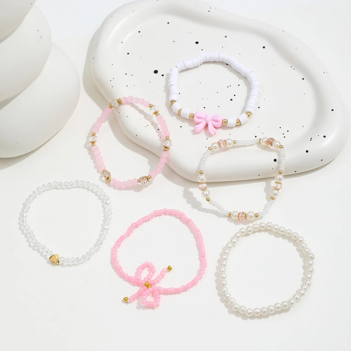6 Teile/satz Europäischen und Amerikanischen Nette Perle Liebe Perlen Bogen Armbänder Set Für Frauen Einfache Design Süße Schmuck Geschenke