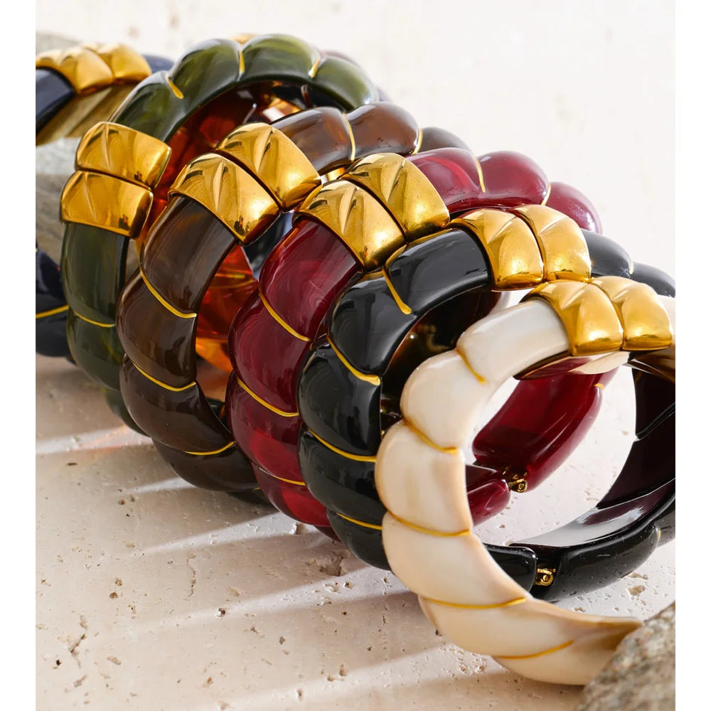 Yhpup Exklusives mehrfarbiges Acrylharz, breites Statement-Armband, Armreif, Edelstahl, Herbst-Winter-Pullover, Handgelenkschmuck