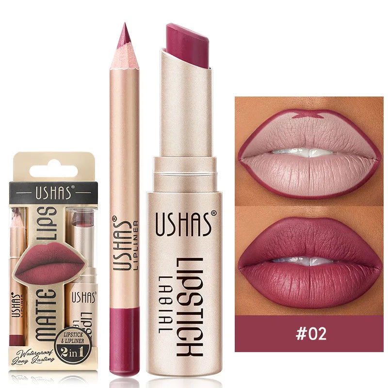 USHAS 12-Farben-Lipliner + Lippenstift-Set, leicht färbender, mattierter Lippenstift, langlebiger nackroter Lippenstift