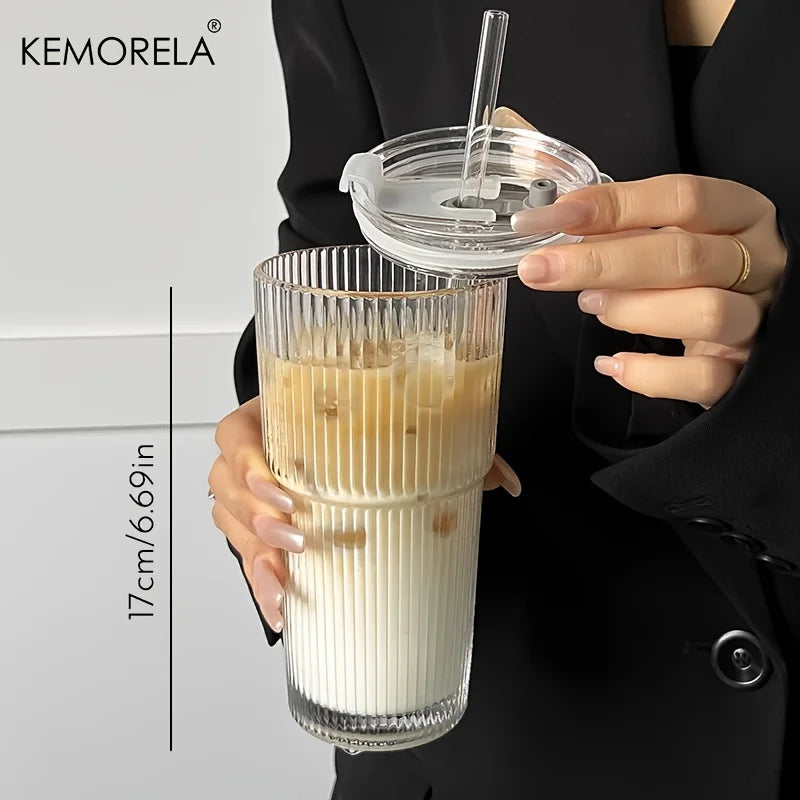 600 ml Glas-Kaffeetasse mit Deckel & Strohhalm | Gestreiftes Trinkglas für Saft, Eiskaffee & mehr