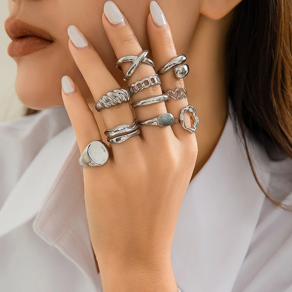 Salircon 10 Stück Bohemian Unregelmäßiger geometrischer Metallring Vintage Offener verstellbarer breiter Ring Damen Ästhetischer Bankettschmuck Geschenk