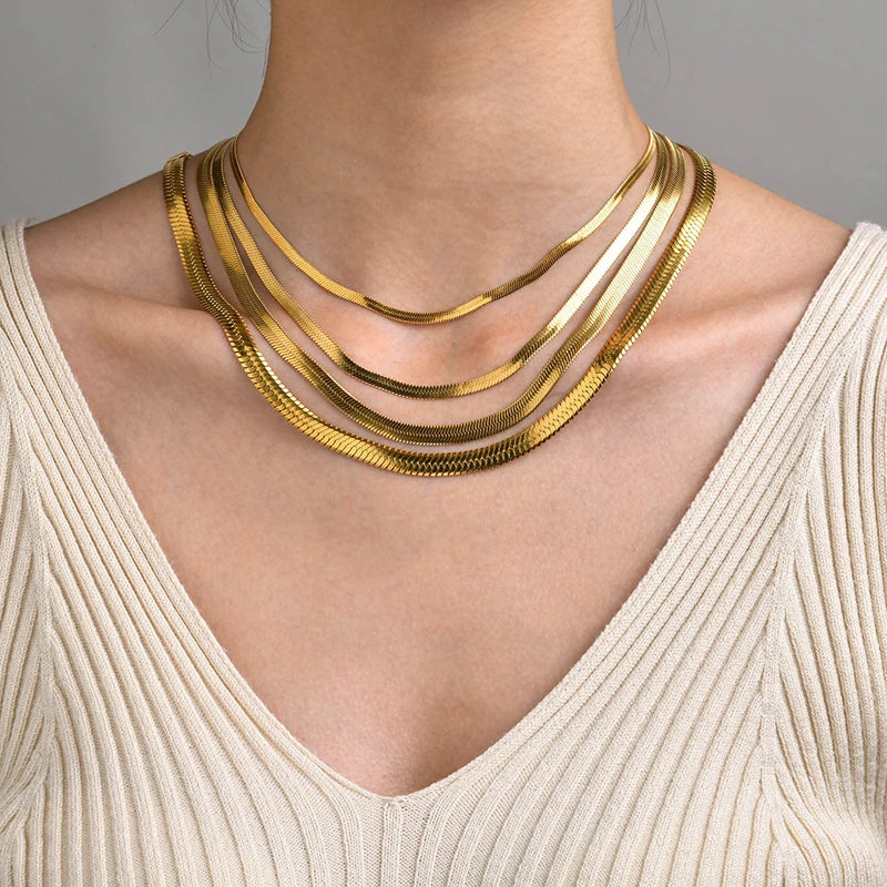 Heiße klassische Unisex flache Schlangenkette Halsband Halskette für Frauen Edelstahl Fischgrätenmuster Gold Silber Farbe Modeschmuck Geschenk